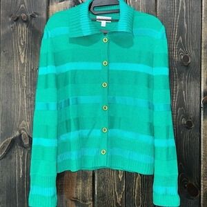 St. John Sport Striped‎ Wool Blend Cardigan Sweater Size S Green Button Front